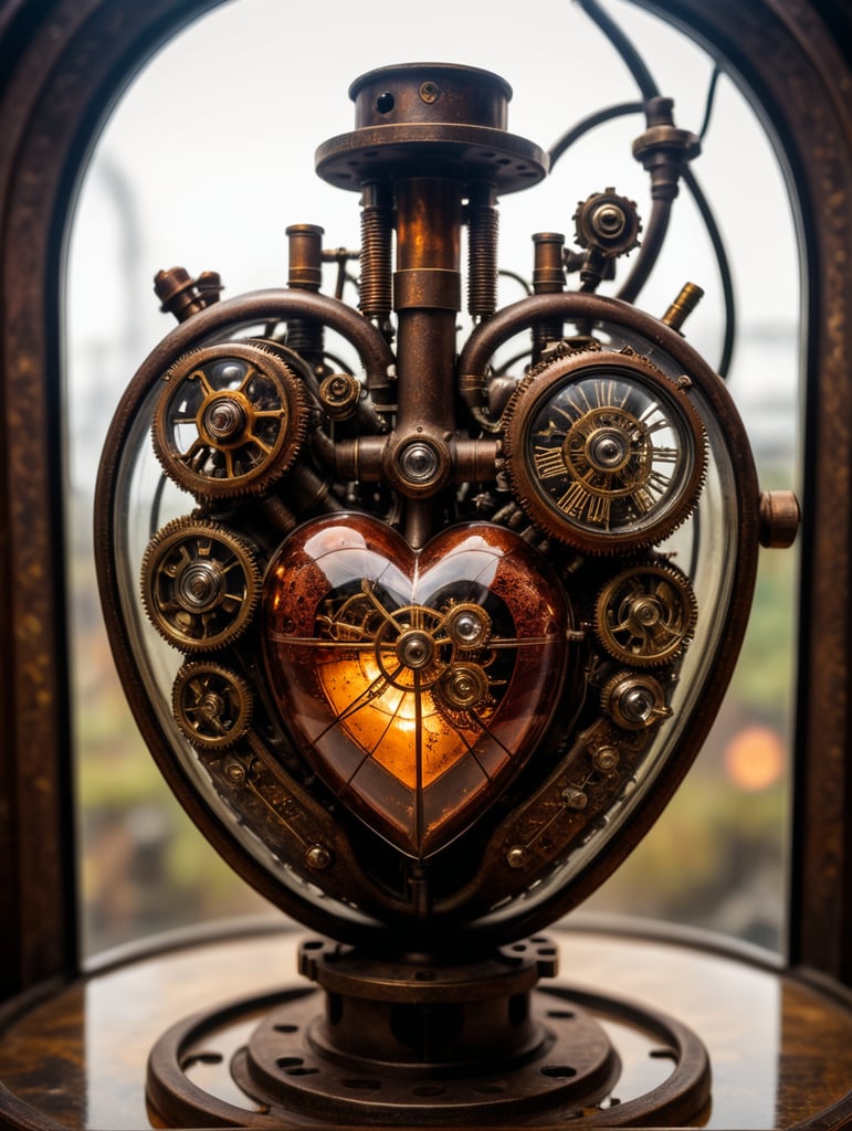 hyper realistic dead rusted heart in steampunk style inside of a glass capsule. The top of the heart has protrtuding pipes, stop valves, coils, tubing and mechanical gadgets, extremely detailed dead rusted heart