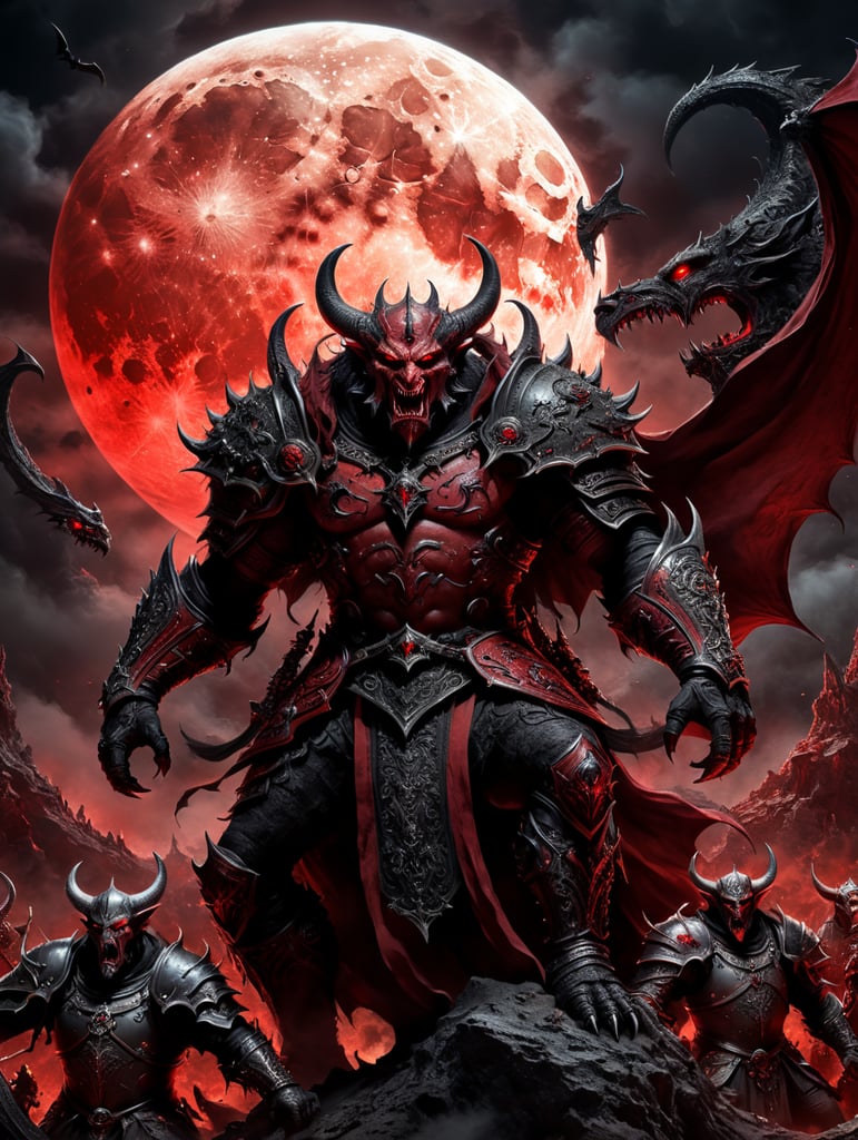 Demons on the moon in black and red colors in medieval style, banner with many details.