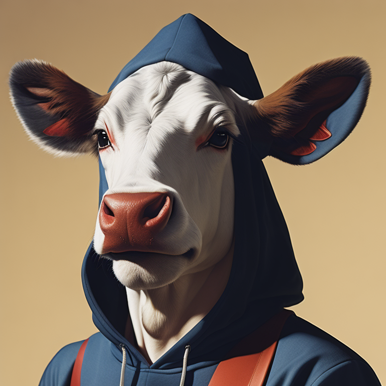 white cow ,smile tooth,portrait, blue hoodie, red hat, vintage, photorealistic illustration, vector, flat, isolated on white background, Painting, Oil, Still Life, Botanical, Italy, style of Giuseppe Arcimboldo