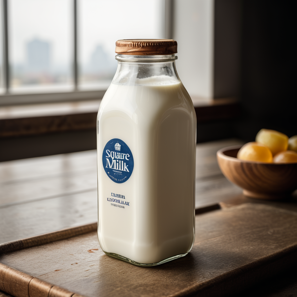 A mockup of a square glass bottle of milk.
