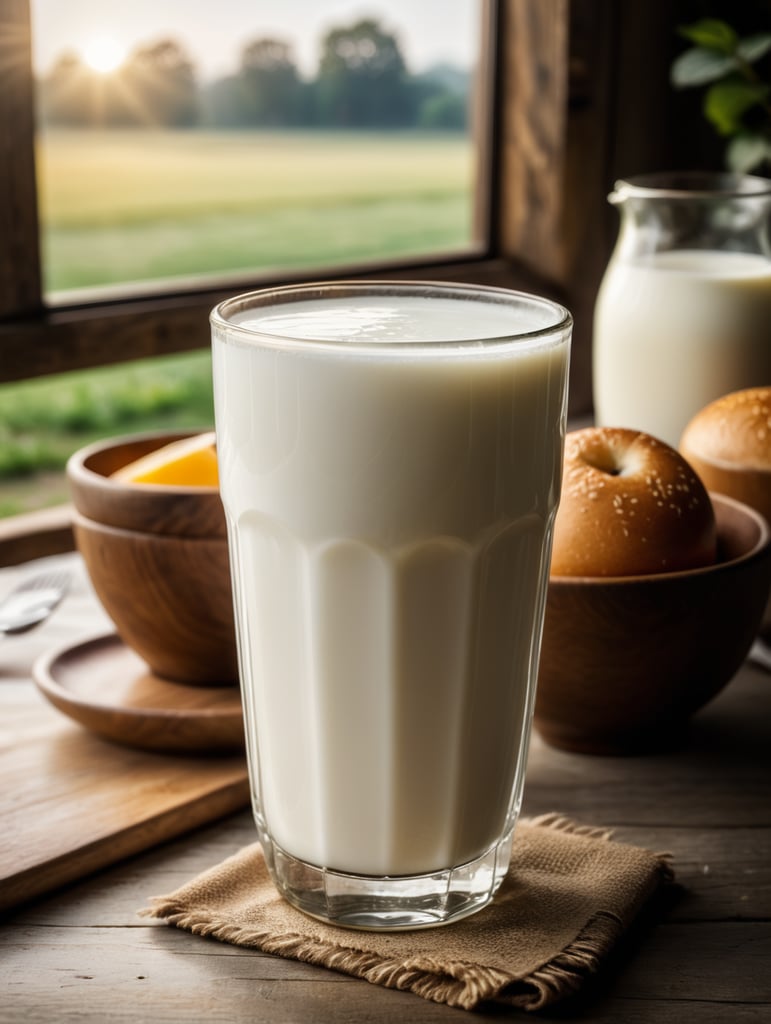 A mockup of a glass of milk, early morning, farm breakfast, blurred background