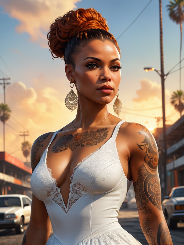 Realistic gta 5 afrolatina lightskin thick body tatted woman with a ginger orange and dark brown messy bun with bangs in a white fitted dress