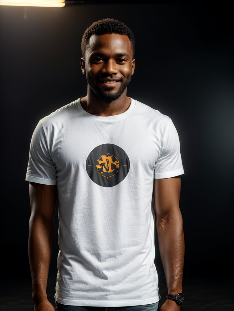 a black African man wearing white t-shirts, standing in front of black background, blank shirt no print, smiling, photo for apparel mock-up