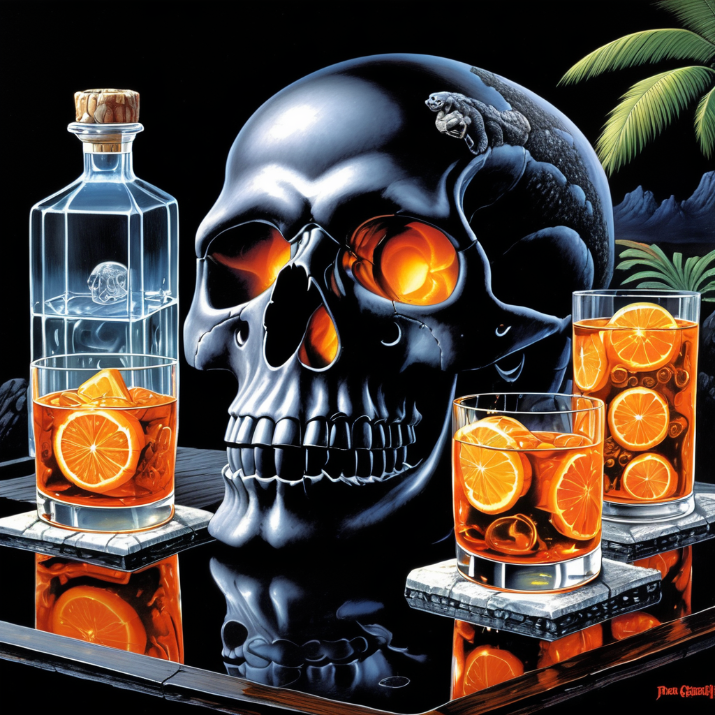 1970's dark fantasy book cover paper art, dungeons and dragons style drawing, by larry elmore, crystal skull, see through skull, transparent skull, clear glass skull, water droplets condense on the outside of the crystal skull, standing on a black lava rock of a tropical island, rum cocktail in the crystal skull, orange slices, ice cubes, dark atmosphere, black and burnt orange