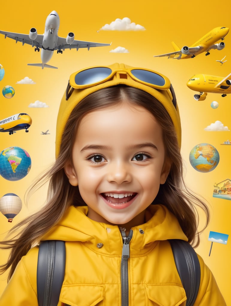 photo happy little girl going to travel, cute girl, dressed in all yellow, yellow background, harpers bizarre, cover, headshot, hyper realistic