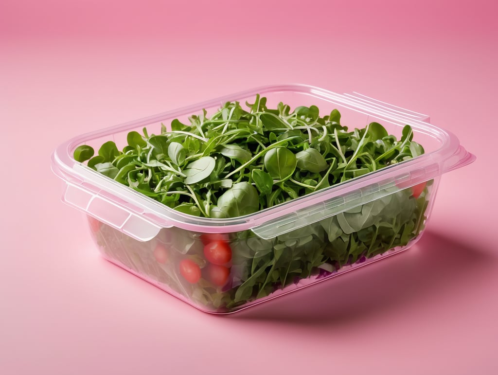 blank Transparent Plastic Container with Arugula Salad, isolated, pink background, Mockup, mock up