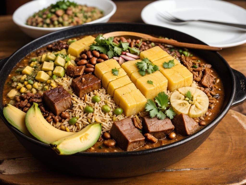 Brazilian food, known as maria izabel, a beautiful wooden table as in the image, on the table, rustic containers with food, which consists of rice, dried meat in cubes, chopped green chili on top, in another container, farora of banana, and another container with empamonado beans, a typical dish of Cuiabana cuisine, in the realistic style