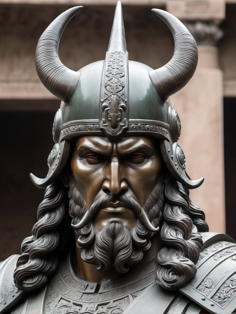 Statue Bust of a man with a helmet with 2 horns, the man has long hair and Sharp gaze and high cheekbones and is without beard or mustache