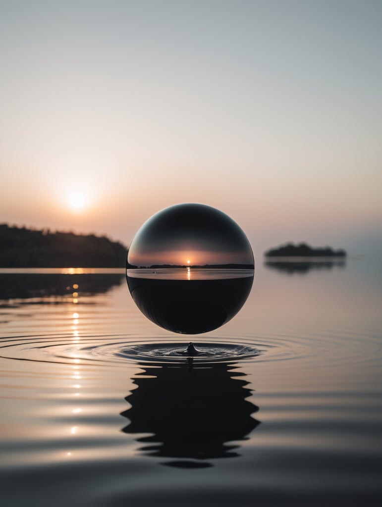 minimal, simple black sphere hover above on water, just the horizon on the background