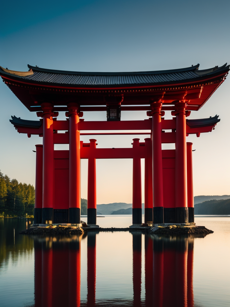 Red torii gate in middle of a lake, Dense forest on the edge of the lake, Bright and saturated colors, Japanese culture, photorealistic, contrast light