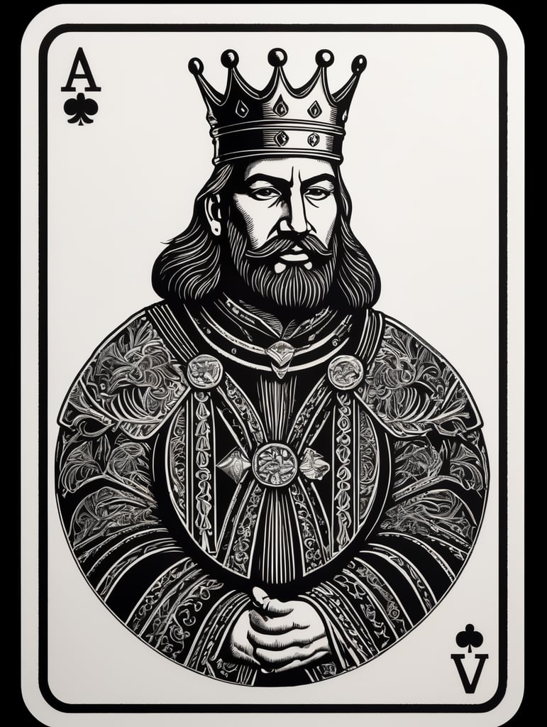 king of clubs playing card, face card, linocut art style, black ink, ultra realism, super detailed, professional shot, bold saturated colors, sharp focus, highly detailed