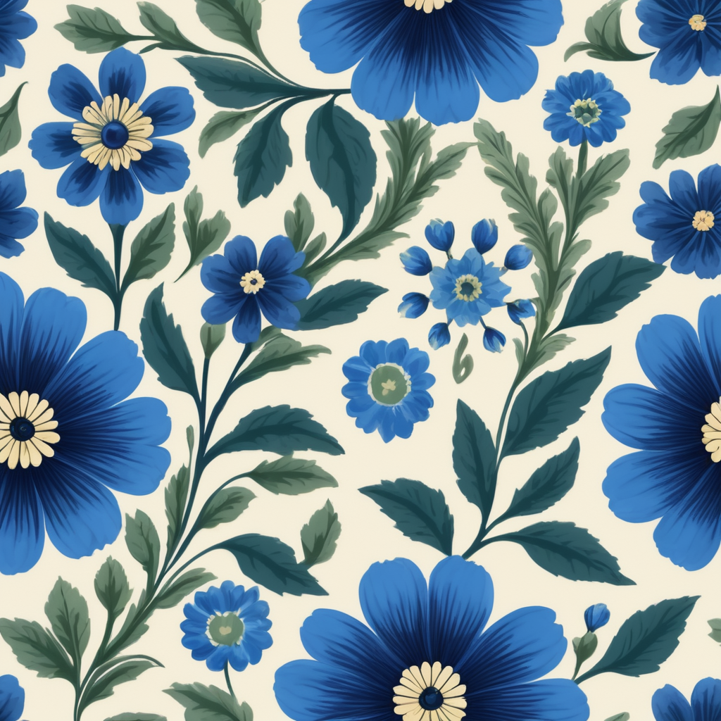 Seamless pattern beautiful floral pattern with blue flowers in the background, in the style of polish folklore motifs, juliana nan, mexican folklore - inspired, tivadar csontváry kosztka, clara peeters, texture exploration, blue color scheme, blue pallete, amoled, 264k render HD