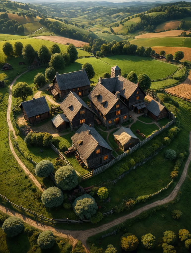 hirsute in the style of Quaint farm with rolling hills and grazing livestock