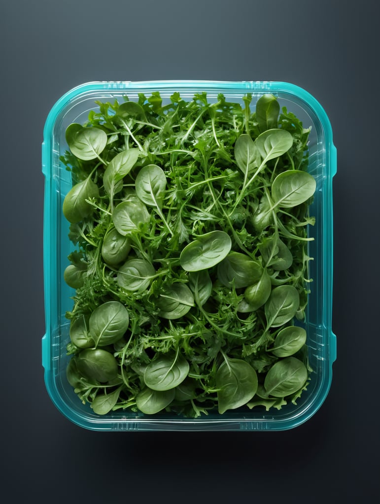 blank Transparent Plastic Container with Arugula Salad, isolated, cyan background, Mockup, mock up