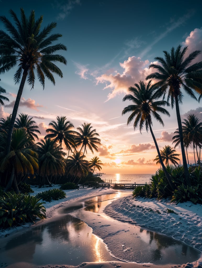 Snowy Miami Beach sunset in the winter time. Palm trees with snow on the leaves.