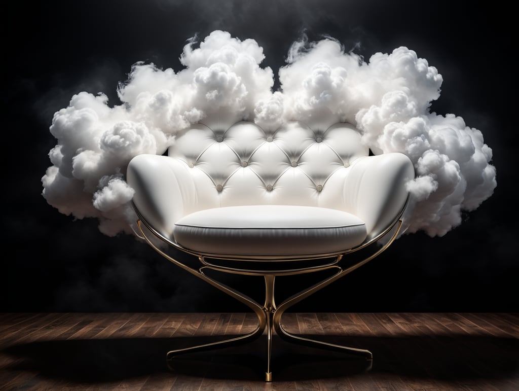 a beautiful modern chair on form of white cloud, studio shot, black background, studio light, hyper realistic, hyper detailed