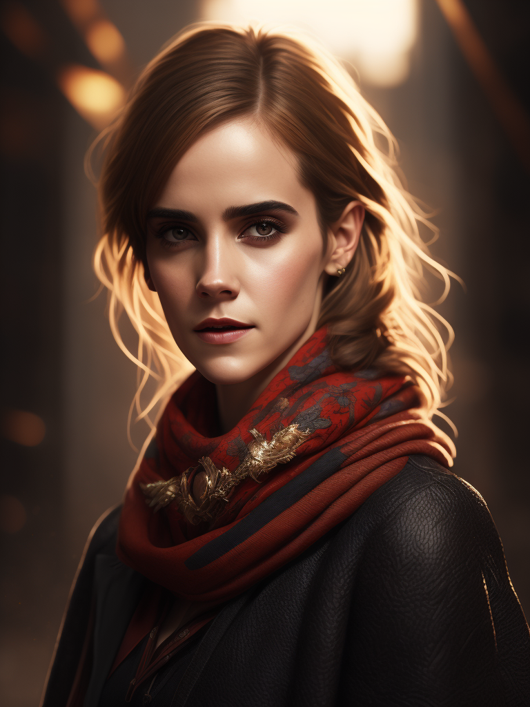 Portrait of Emma Watson wearing black blouse with red scarf, ultra realistic