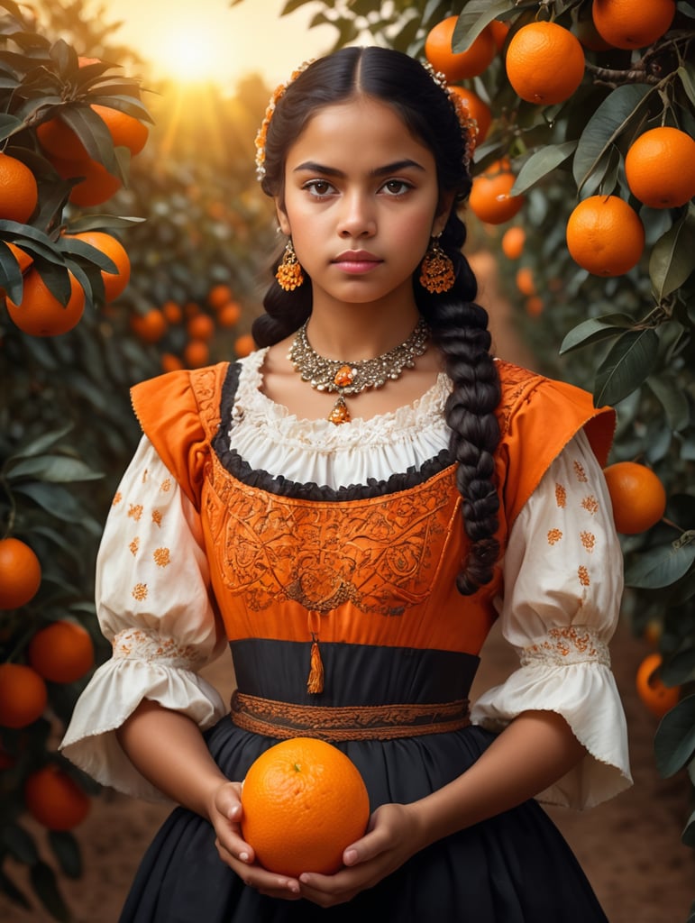 Portrait of a young, dark and beautiful Mexican girl growing oranges from Mexico in 17th century Mexican folk dress, dramatic lighting, depth of field, orange trees in the background. Oranges should have a beautiful, even structure. Incredibly high detail holding fresh oranges in hand