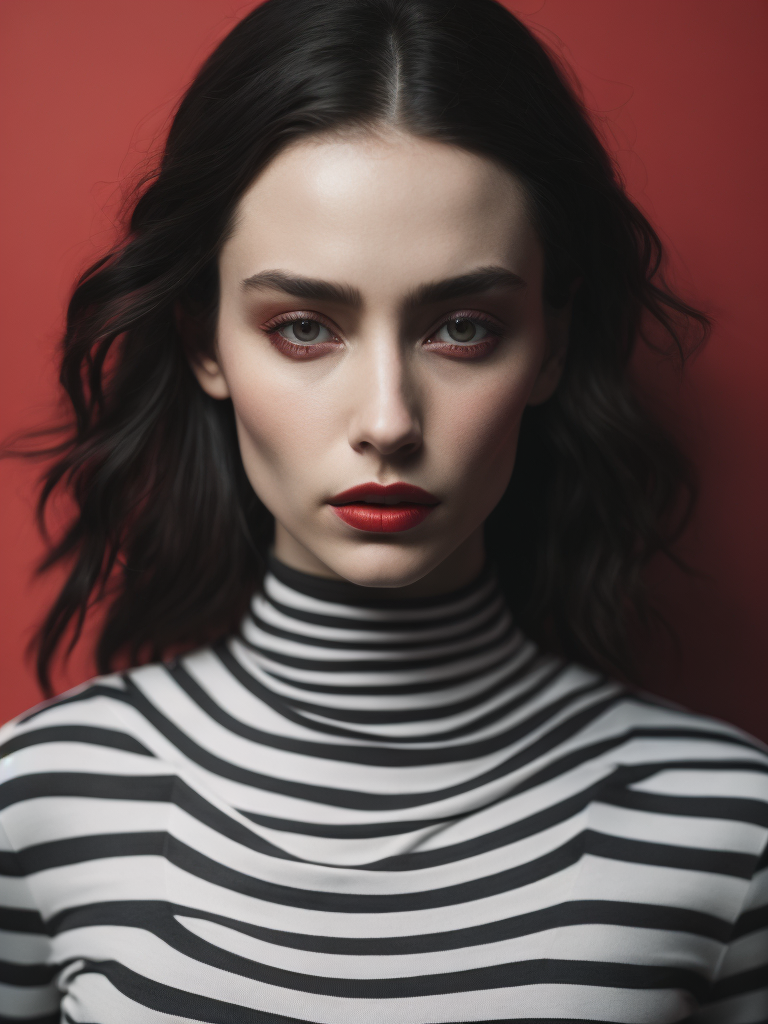 Pale-skinned girl model, wearing a black and white striped dress with a high collar, contrast lighting, Bright red make-up, Black and white curly long hair, dark background, fashion model, magazine cover, professional shot,