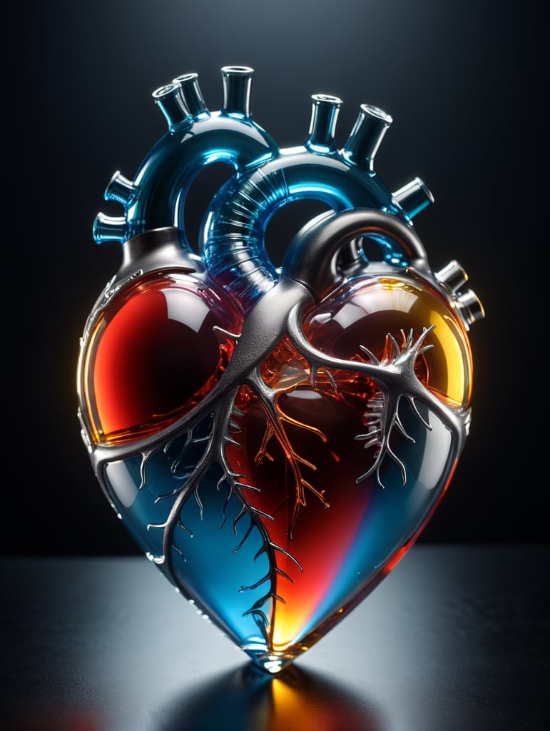 3D glass heart in simplified form with a plastic pulse shape inside it, depth of field, cinematic filtering, post-processing, ambient lighting