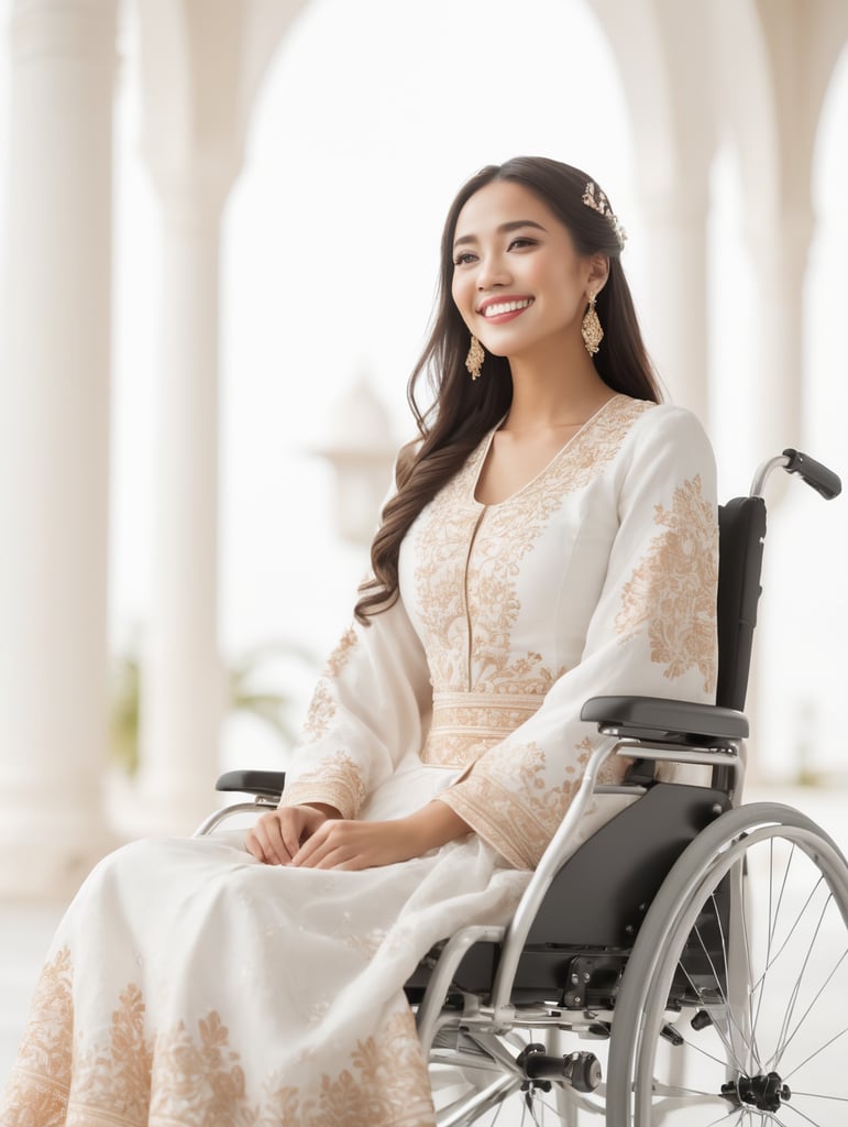 Low angle young happy woman in wheelchair, wearing traditional dress
