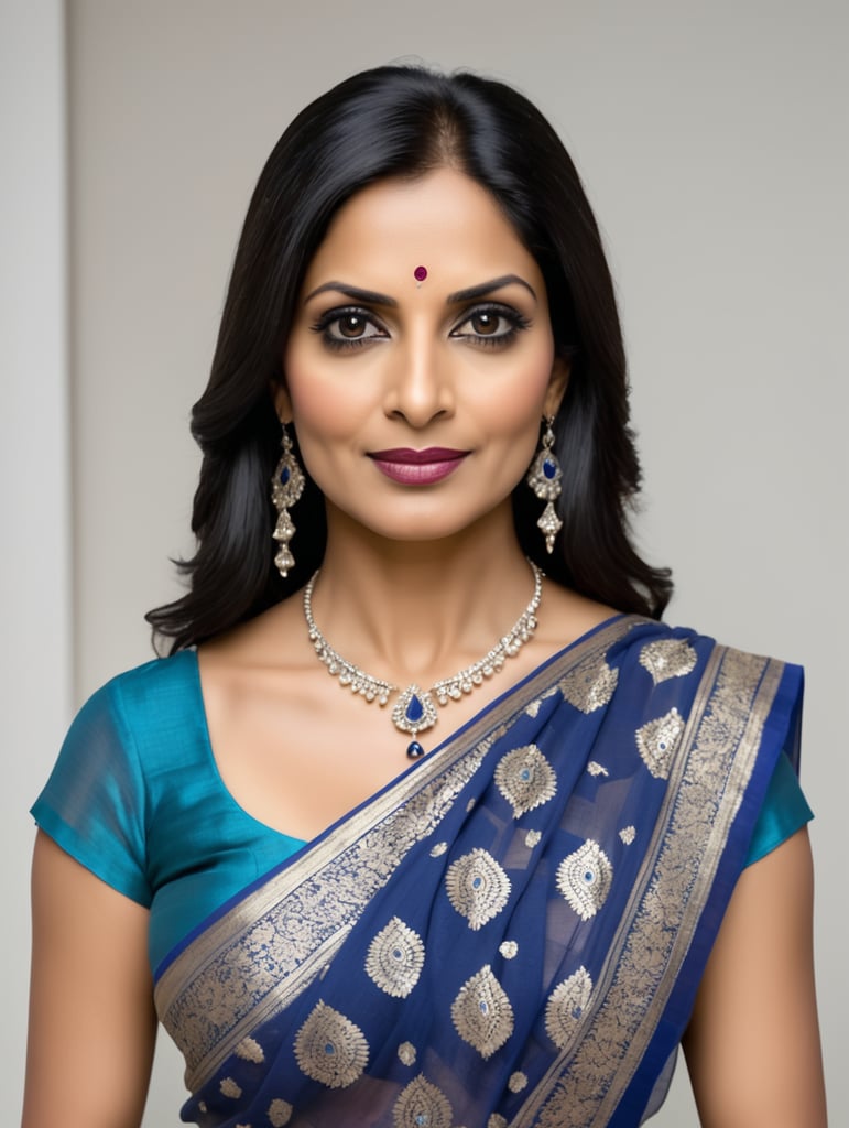 45 year old beautiful Indian Woman, 5ft 5inch standing tall, wheetish to fair complexion, thin inverted triangle body shape (32 26 34), long black hair, black eyes, thin eyebrows, oblong face, thin lips, wearing blue saree and white blouse, bindi and necklase, front full profile.