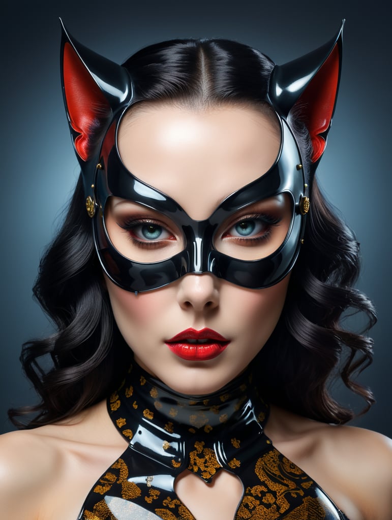 Front portrait photography, transparent dark plexiglass printed with dots colors cat woman mask, an attractive, 80 degree view, art by sergio lopez, natalie shau, james jean and salvador dali