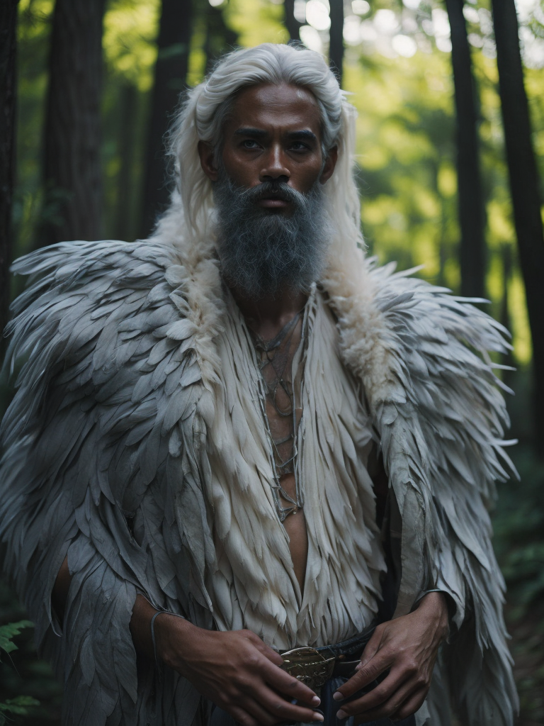 Um indígena com uma vestimenta de penas brancas no meio da floresta fechada