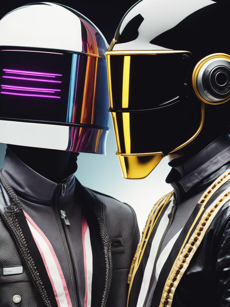 Portrait of daft punk, ultra realism, super detailed, neon colors, magazine cover, professional shot, magazine photography, bright saturated colors, sharp focus, highly detailed