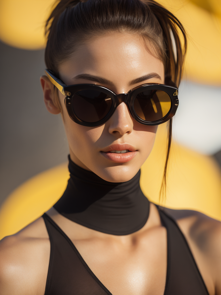 Portrait of a fashion model dressed in a black swimsuit and a yellow transparent sun glasses, Sunny weather, Contrasting light, Hair in a bun