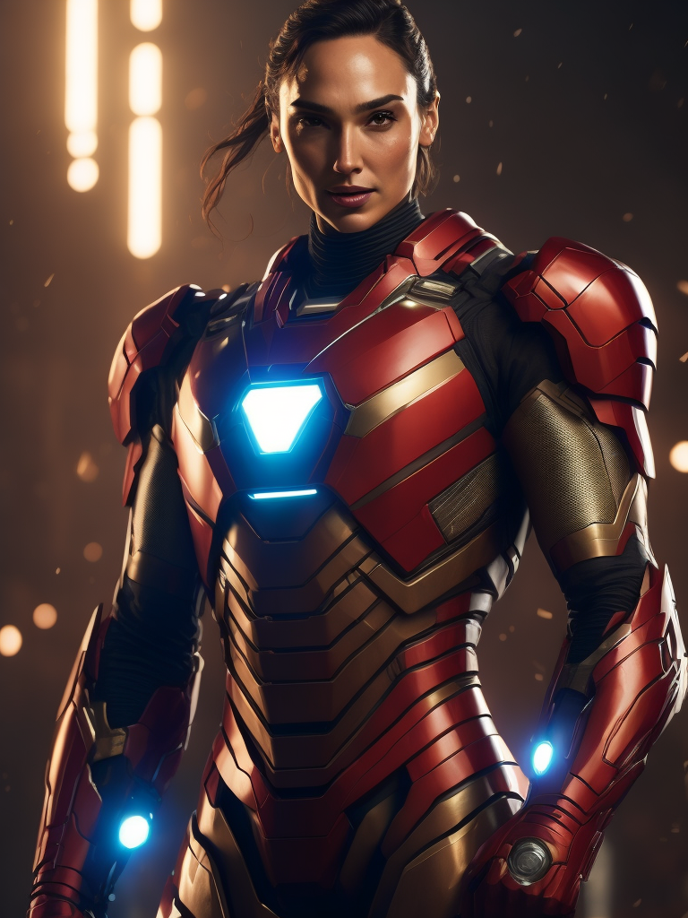 gal gadot in the Iron Man suit from the Marvel Universe, Full body, high definition, photography, cinematic, detailed character portrait, detailed and intricate environment, Bright red color