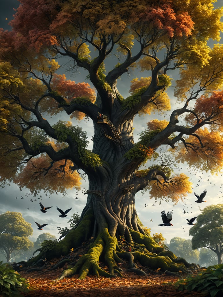 A beautiful tree with branches beautiful leaves in three colors, and in two different directions, and birds above it.