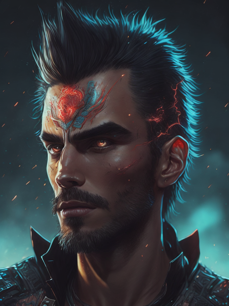 Highly detailed character design, a man with jagged broken teeth, wicked grin, wearing a red and blue tunic, intricate floral embroidery, cybernetic eyes, heavily lined, wrinkled, haggard face, spiked pauldrons, glowing details, ultrafine detail, epic cinematic lighting, action scene, seapunk, salvagepunk, cyberpunk art by Ruan Jei, Josan Gonzalez, Wayne Reynolds, vray render, volumetric lighting, postprocessing, sharp focus