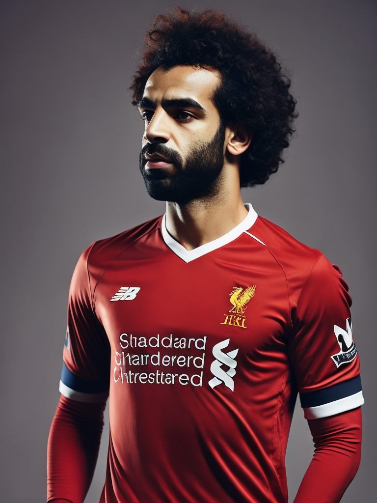 Mohamed Salah portrait in a red Liverpool football uniform, bright and saturated colors, highly detailed, fashion magazine, sharp focus, Dramatic Lighting, Depth of field, Incredibly high detailed, blurred background