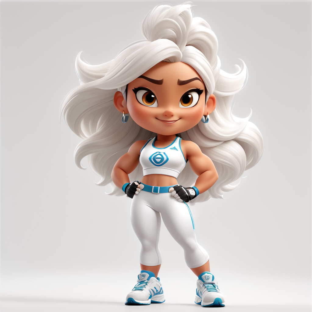 a female mascot, with white fitness clothes, white background,