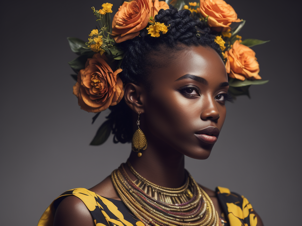 Pretty african girl with flowers in hair, fashion magazine, sharp focus,highly detailed,bright and saturated colors,elegant