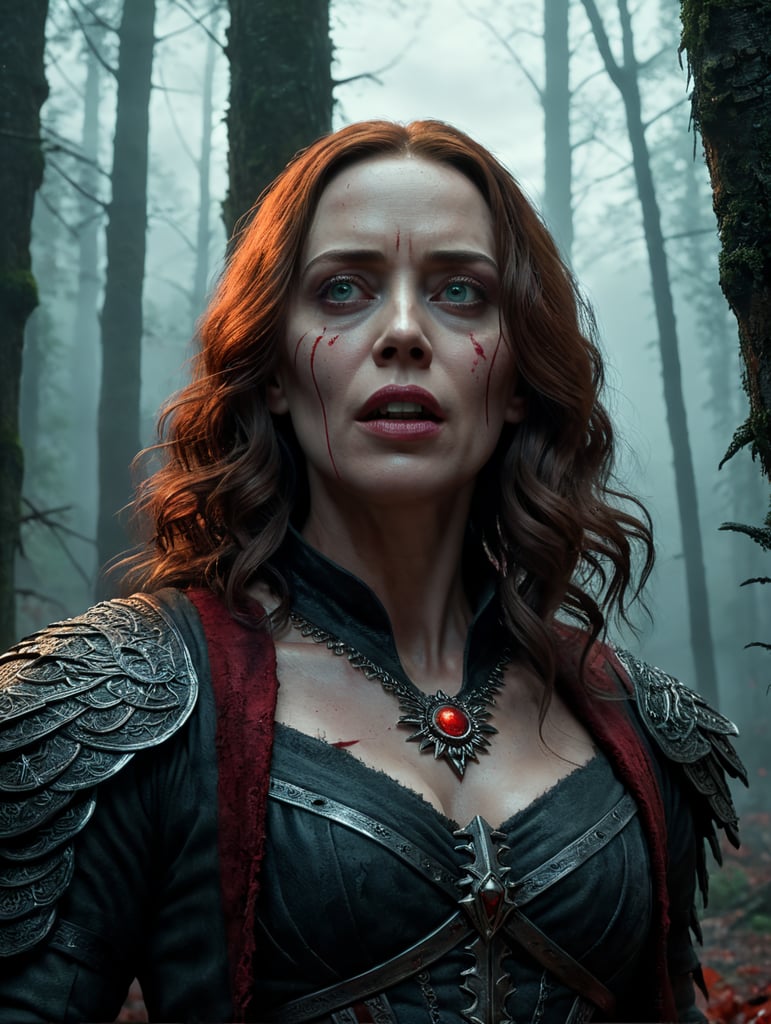 By Stephen King and James Wan, visualize Emily Blunt as a cursed witch practicing dark arts in a haunted, ancient forest, as the skies bleed red on Halloween night, eerie, horrific, bloody, Halloween, cinematic photography, action shoot, movement, epic, high definition --ar 3:4