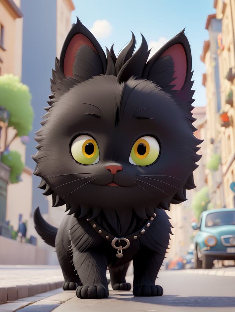petit chat noir ébouriffé rock badass punk se promenant dans la ville rendu 3d style pixar