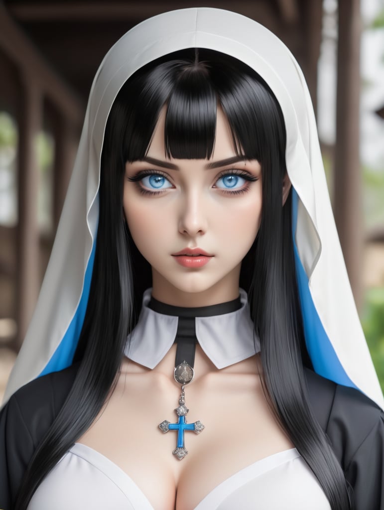 busty anime nun with blue eyes and black hair
