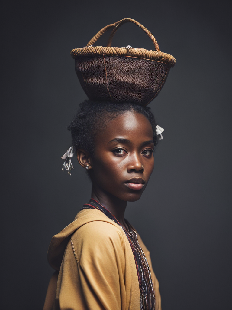 Illustrate a manga scene with a young African character wearing modernized traditional clothing, gracefully balancing a basket on their head.