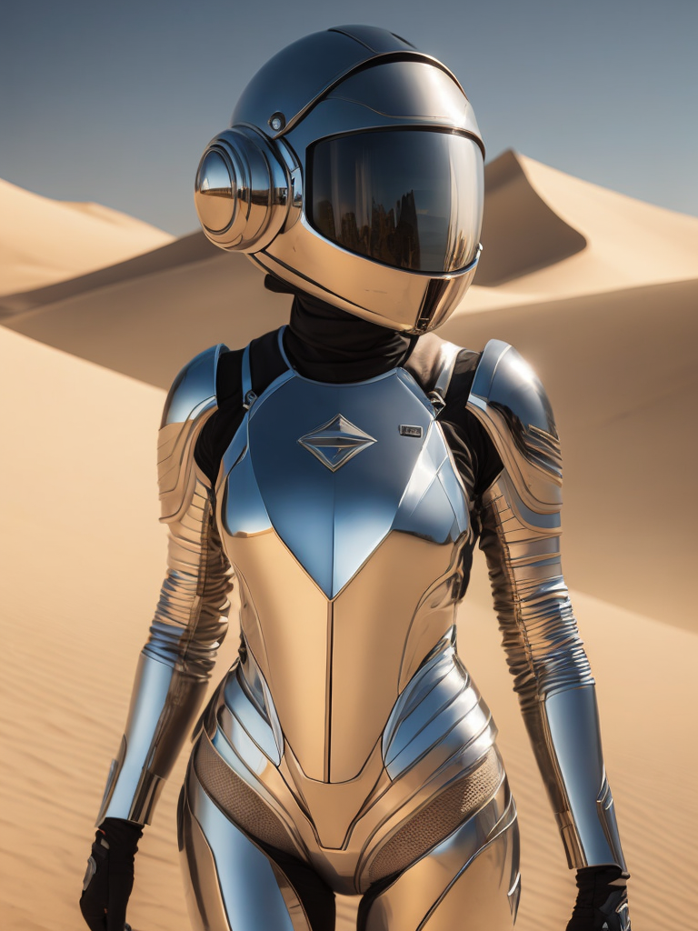 Cyber girl wearing chrome helmet, shining reflections, walking in the desert, photorealistic, hyperdetailed, dune atmosphere