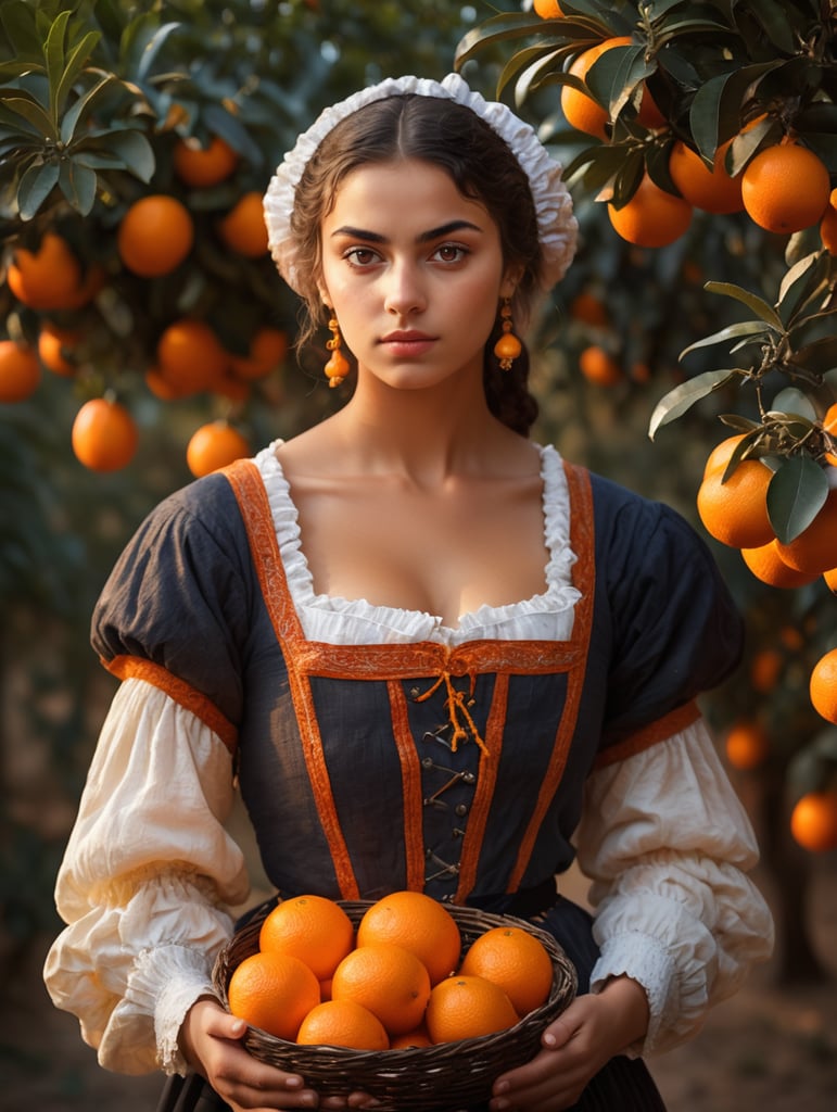 Portrait of a young, dark and beautiful Italian girl growing oranges from Sicily in 17th century Italian folk peasant clothing, dramatic lighting, depth of field, orange trees in the background. Oranges should have a beautiful, even structure. Incredibly high detail holding fresh oranges in hand