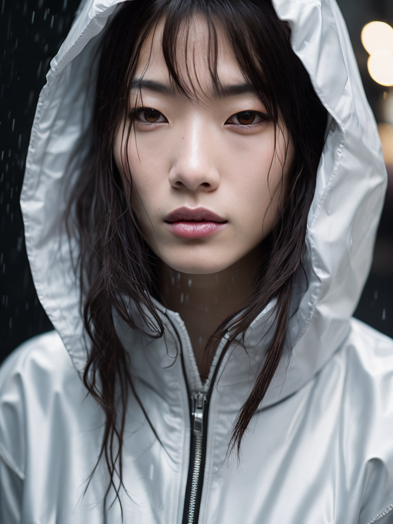 Portrait of Kaori from akira wearing transparent raincoat, rainy neo tokyo photoshoot, cyberpunk, Vivid saturated colors, Contrast light, studio photo, professional photo, Detailed image, detailed face