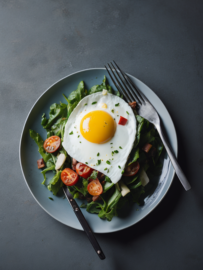 Gardas brokastis uz gaiša galda . šķīvī cepta ola , tomāti uz zaļie salāti. blabus šķīvim dakšiņa un nazis