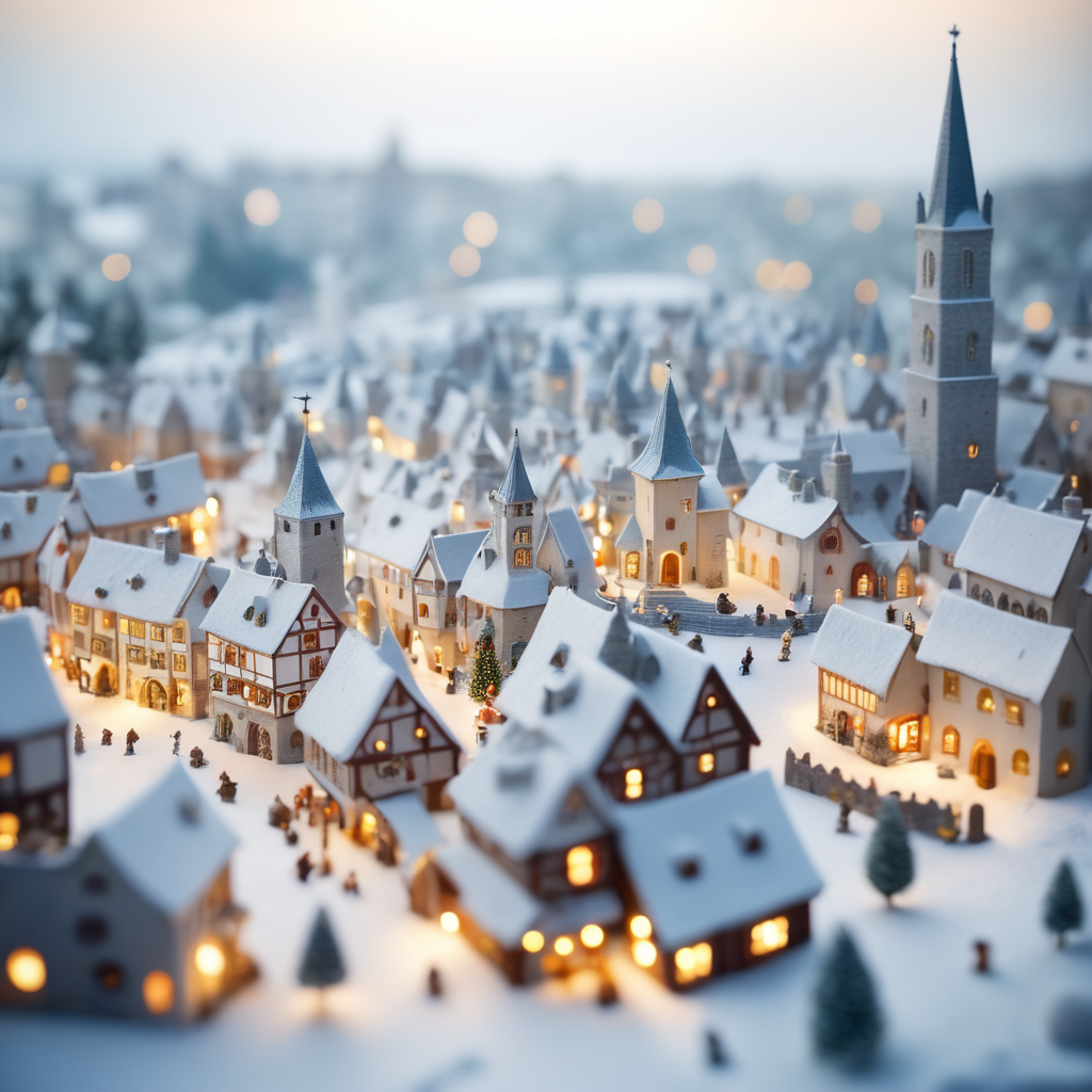 tilt shift photography of a Christmas medieval fantasy miniature city, depth of view, sunny, at night, snowy weather