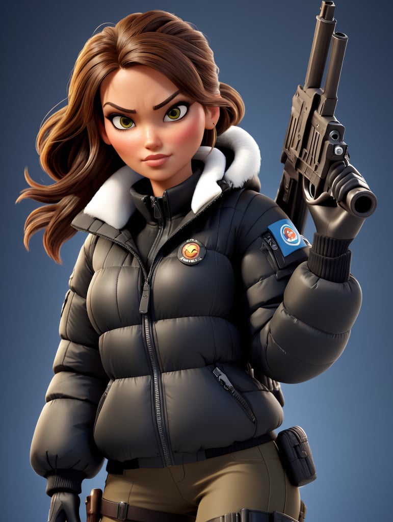 Lara croft with gun wearing a black puffer jacket