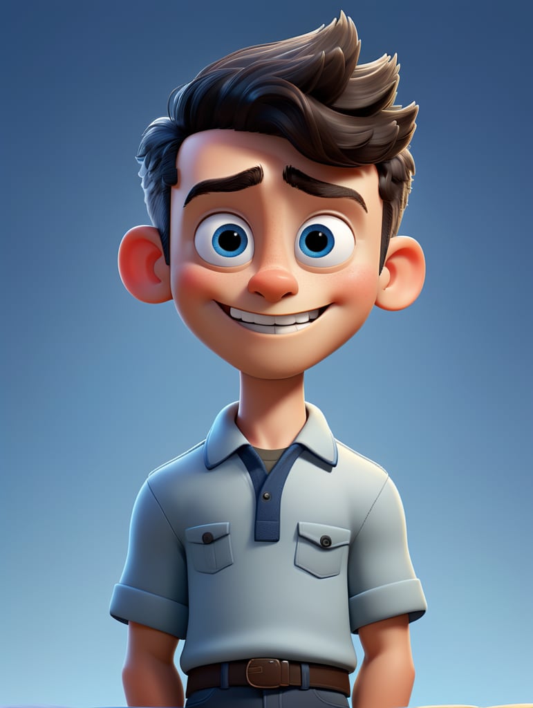 a young boy adventurer, creative, and kind-hearted person with dark hair, blue eyes, a small nose, and a smiling mouth, wearing a navy yarmulke on top of his hair, standing centered in 3D style, rendered using, Pixar style.