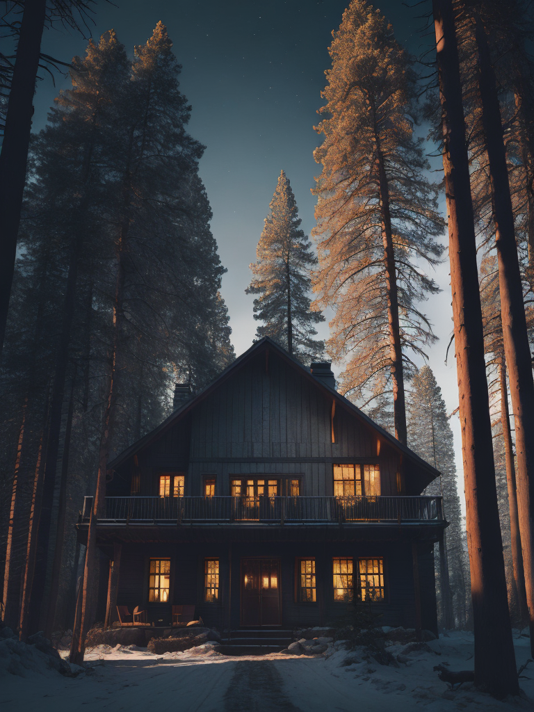 Illustrate a cozy cabin in the woods surrounded by tall pine trees and a crackling fireplace