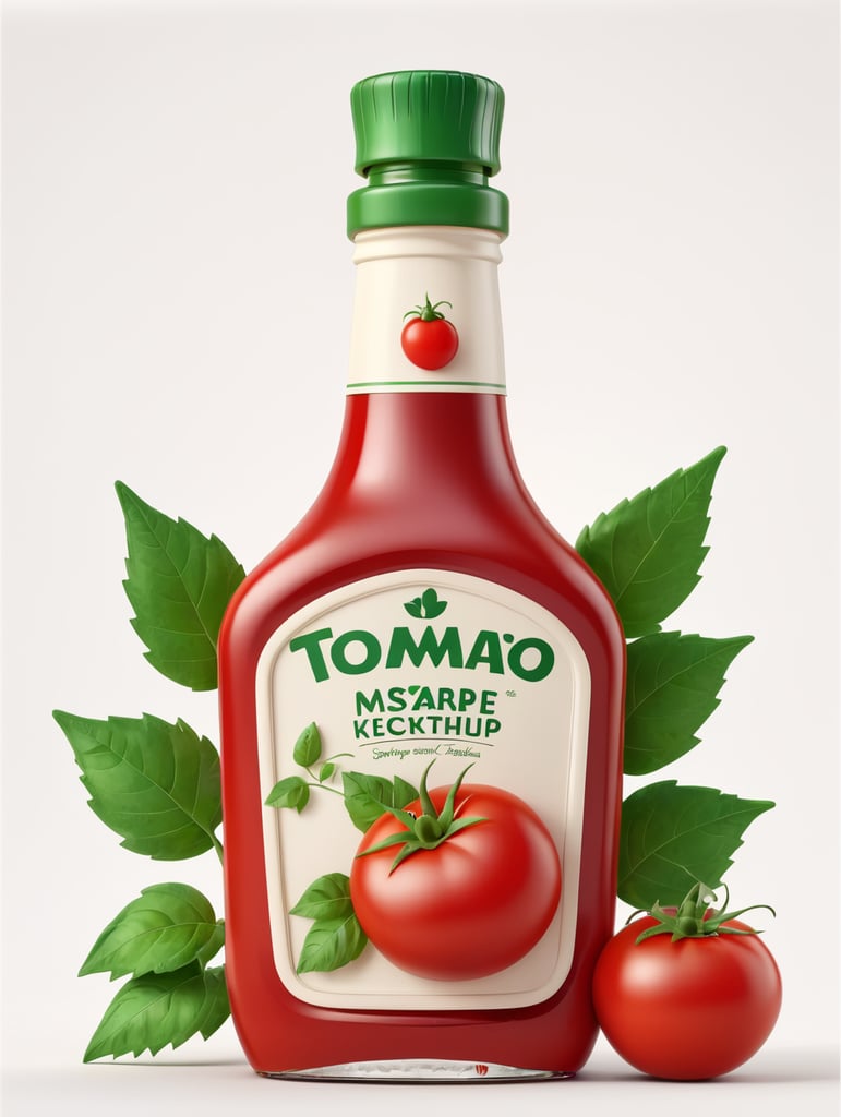 tomato ketchup bottle, red tomato with green leaves, isolated, white background