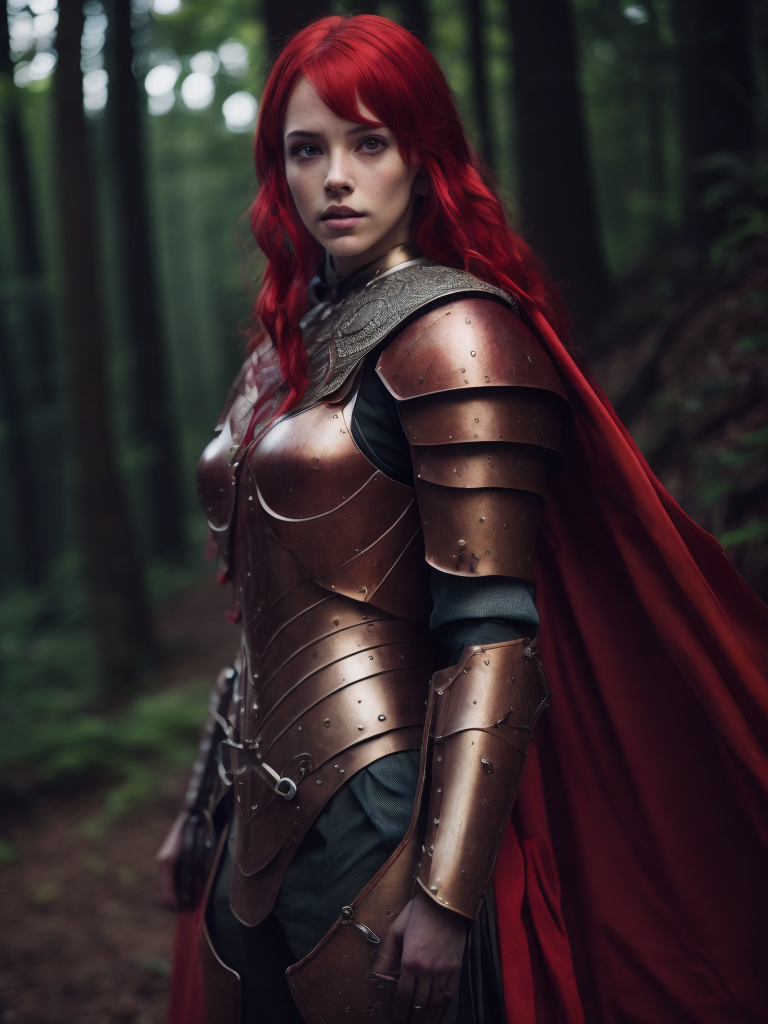 A young beautiful girl in red armor and red hair against the backdrop of a forest in red-burgundy tones, blurred background, focus on the girl, detailed armor, Dramatic Lighting, Depth of field, Incredibly high detailed